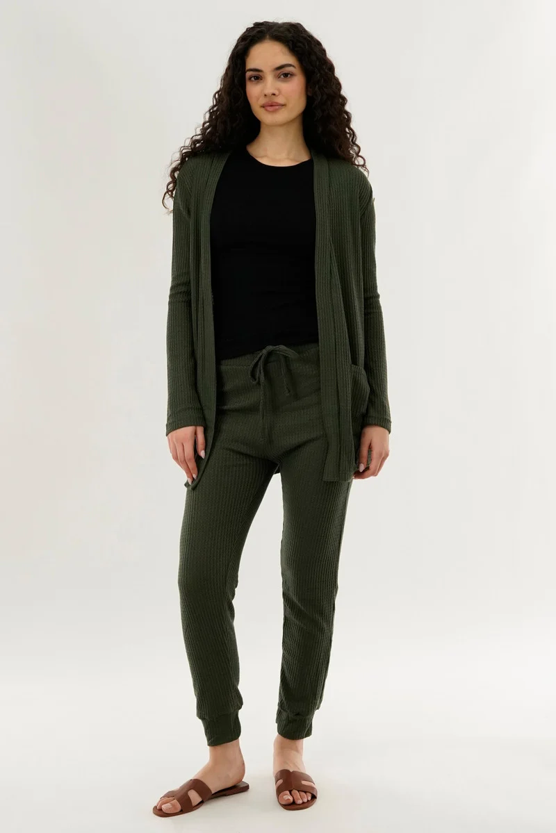 Waffle Knit Open Cardigan - Green - Image 5