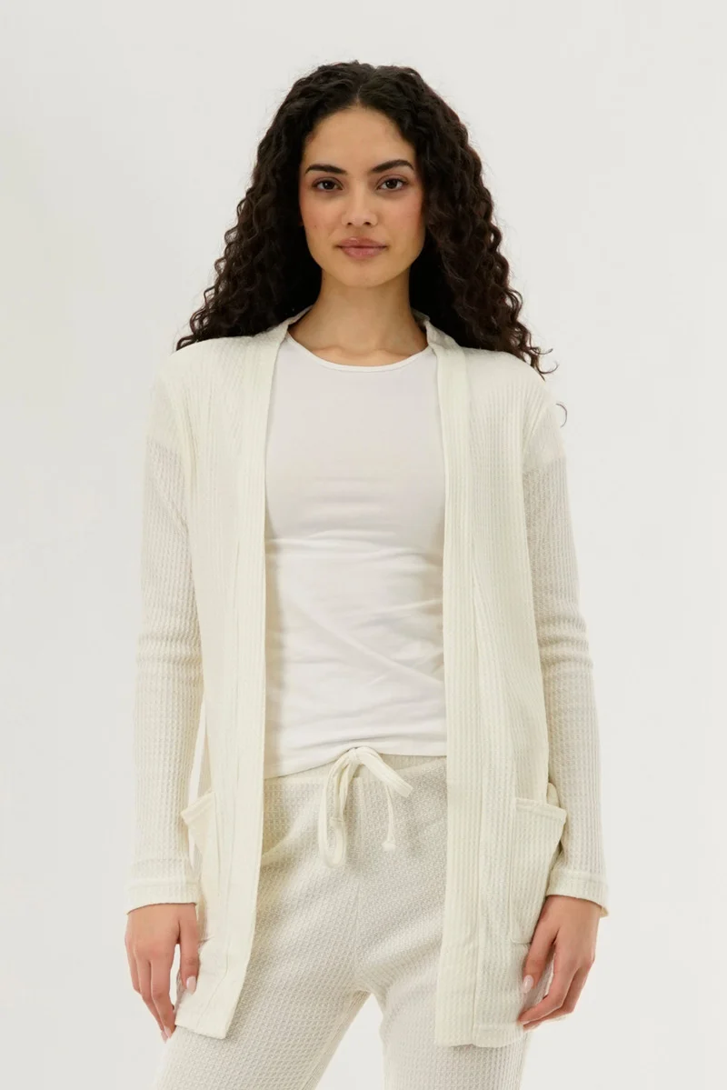 Waffle Knit Open Cardigan - Cream