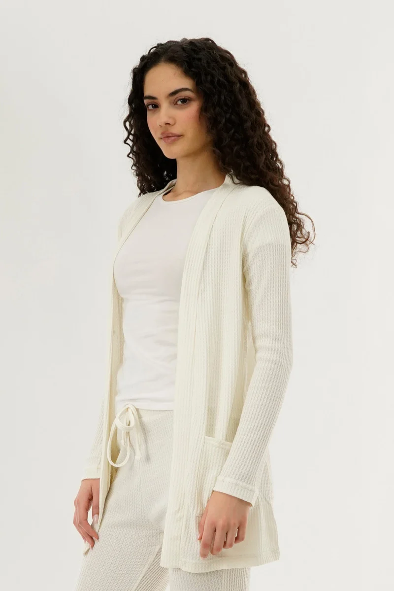 Waffle Knit Open Cardigan - Cream - Image 2