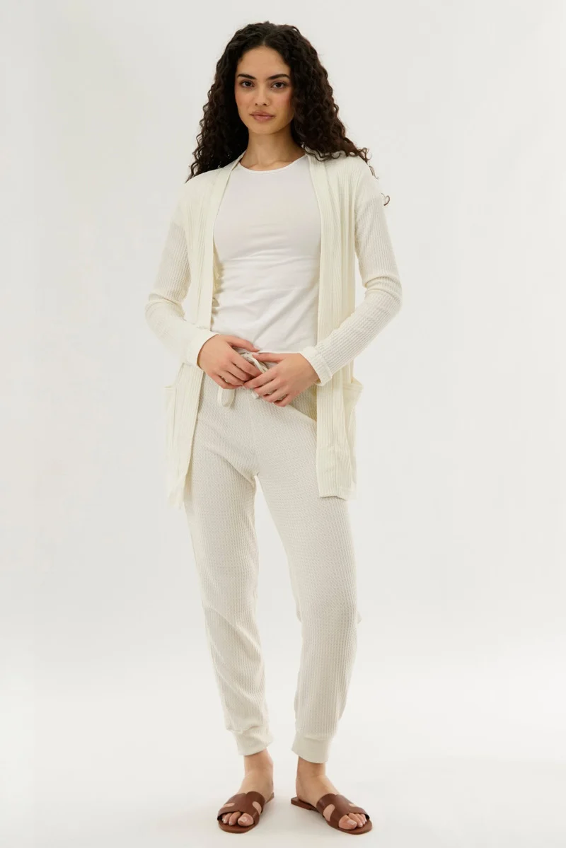 Waffle Knit Open Cardigan - Cream - Image 5