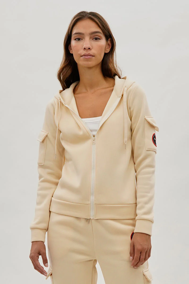 Zip Up Utility Pocket Hoodie - Cream