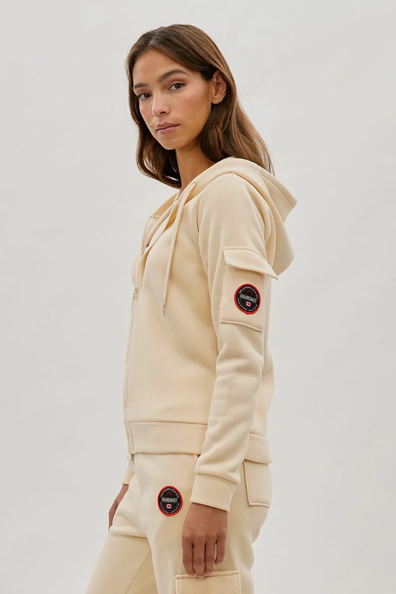Zip Up Utility Pocket Hoodie - Cream - Image 2