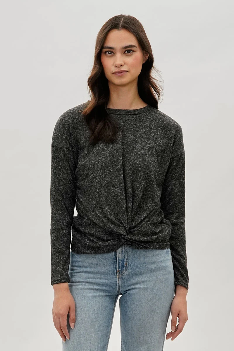 Front Twist Drop Shoulder Long Sleeve Top - Black