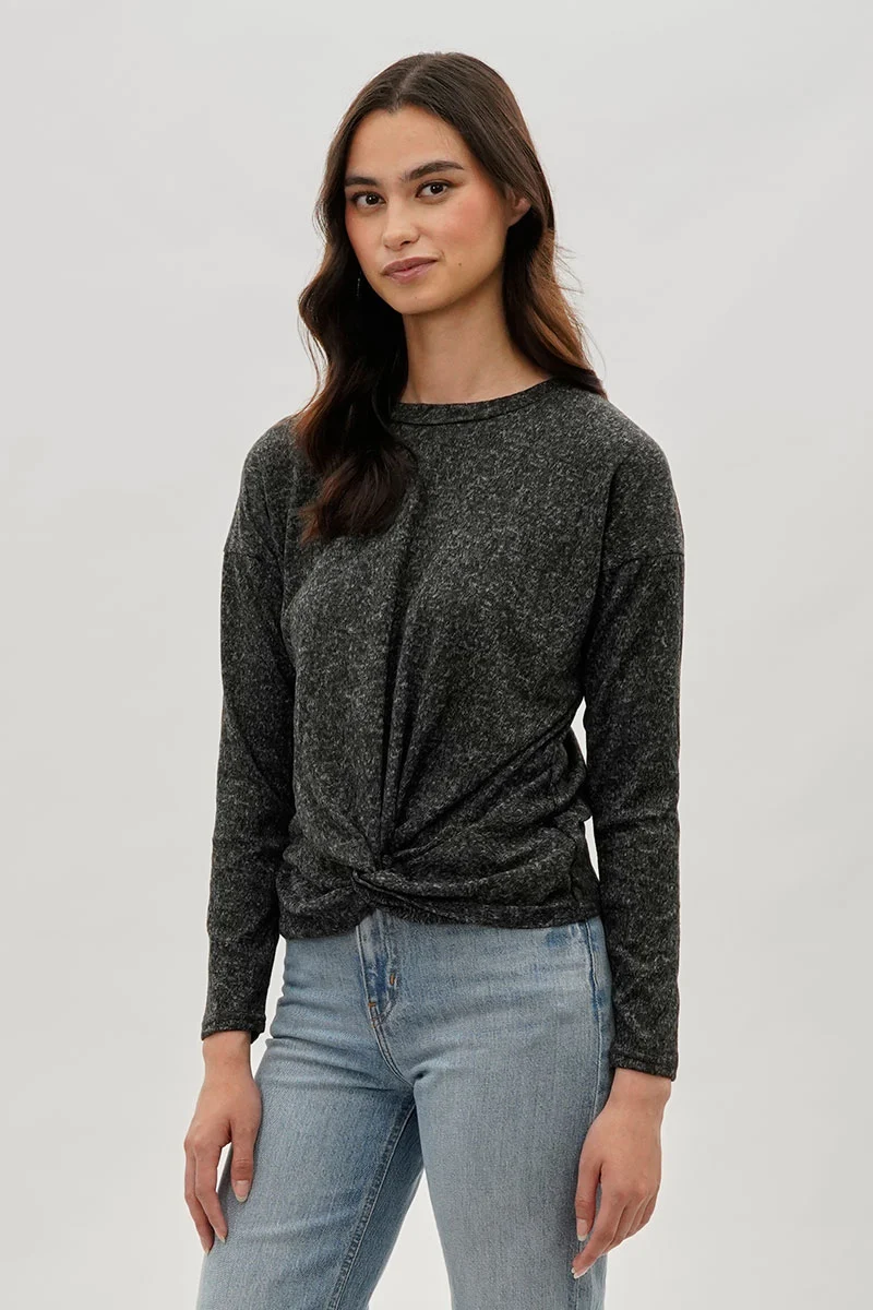 Front Twist Drop Shoulder Long Sleeve Top - Black - Image 2