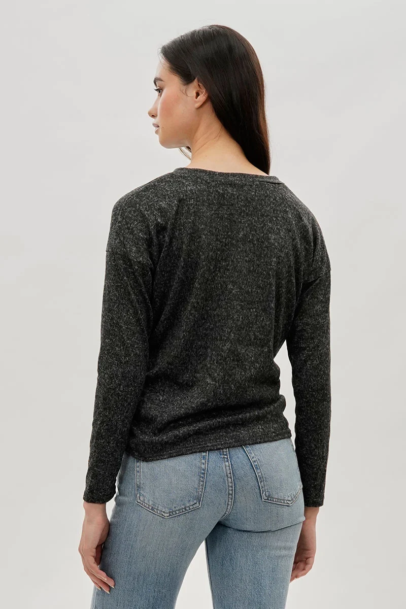 Front Twist Drop Shoulder Long Sleeve Top - Black - Image 3