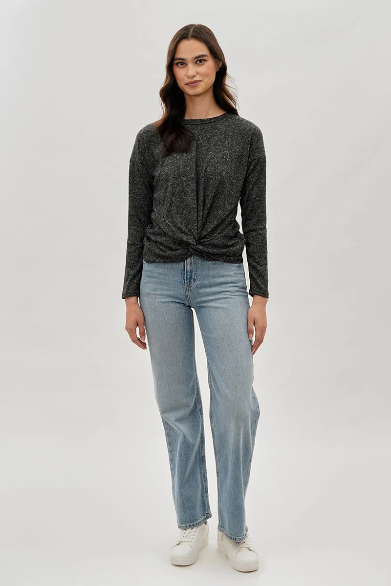 Front Twist Drop Shoulder Long Sleeve Top - Black - Image 5