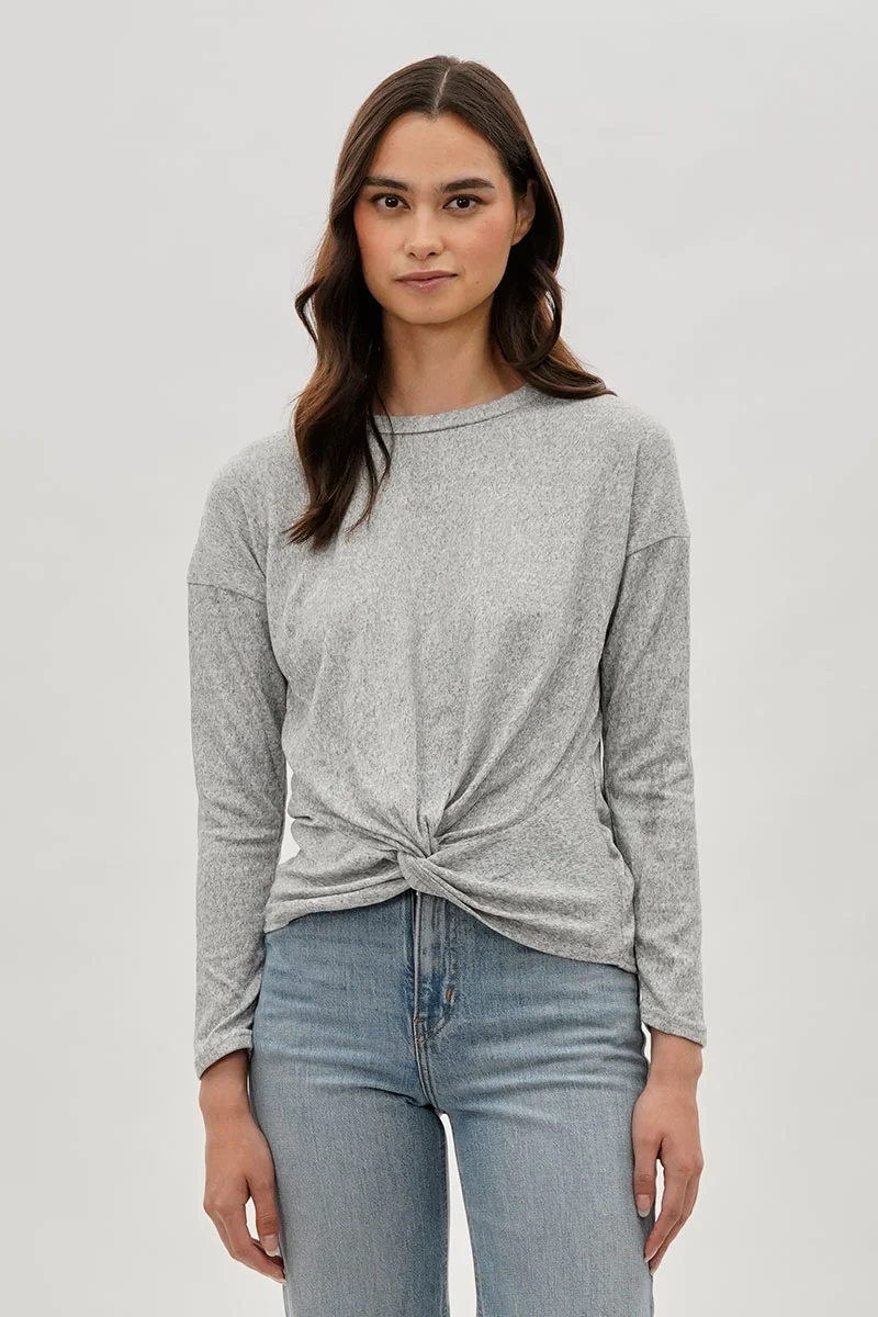Front Twist Drop Shoulder Long Sleeve Top - Grey