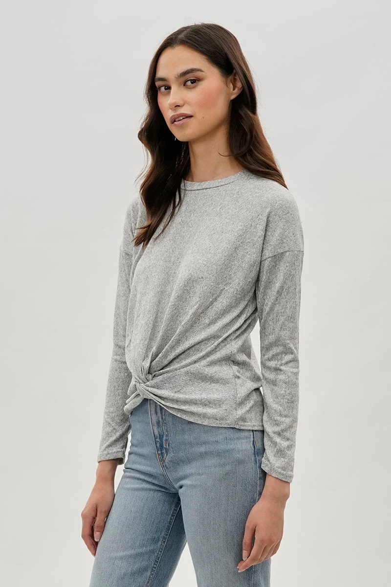 Front Twist Drop Shoulder Long Sleeve Top - Grey - Image 2