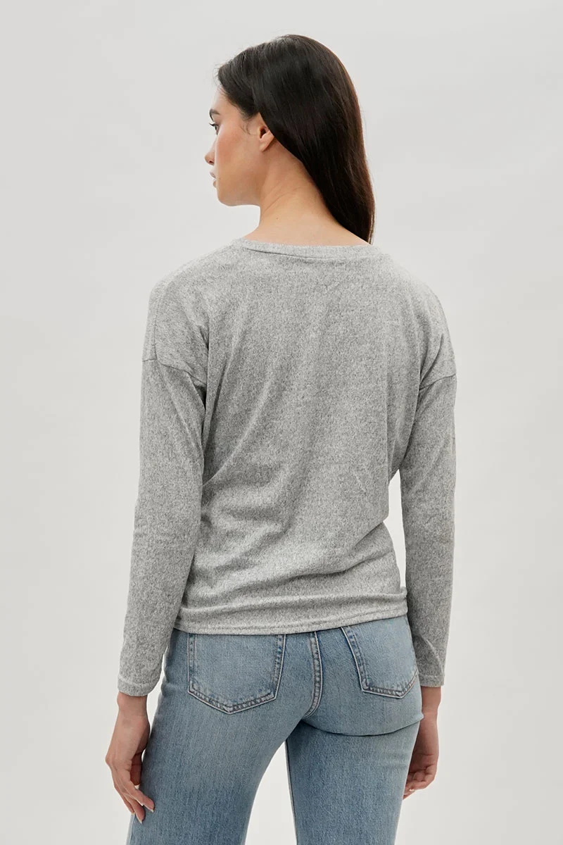 Front Twist Drop Shoulder Long Sleeve Top - Grey - Image 3