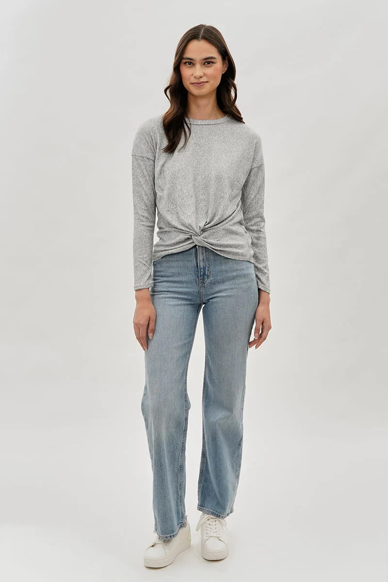 Front Twist Drop Shoulder Long Sleeve Top - Grey - Image 5