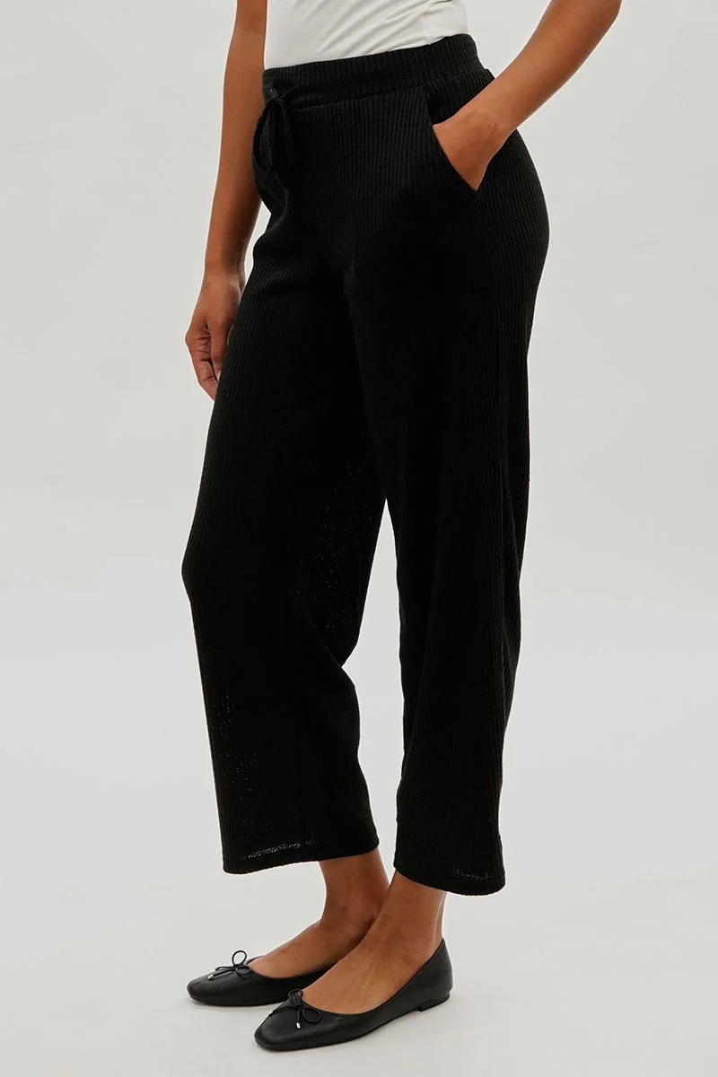 Waffle Knit Tie Waist Pants - Black - Image 2
