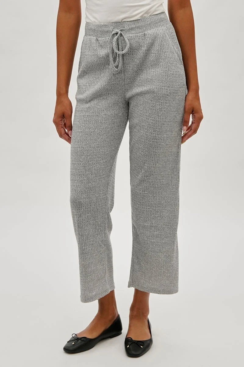Waffle Knit Tie Waist Pants - Grey