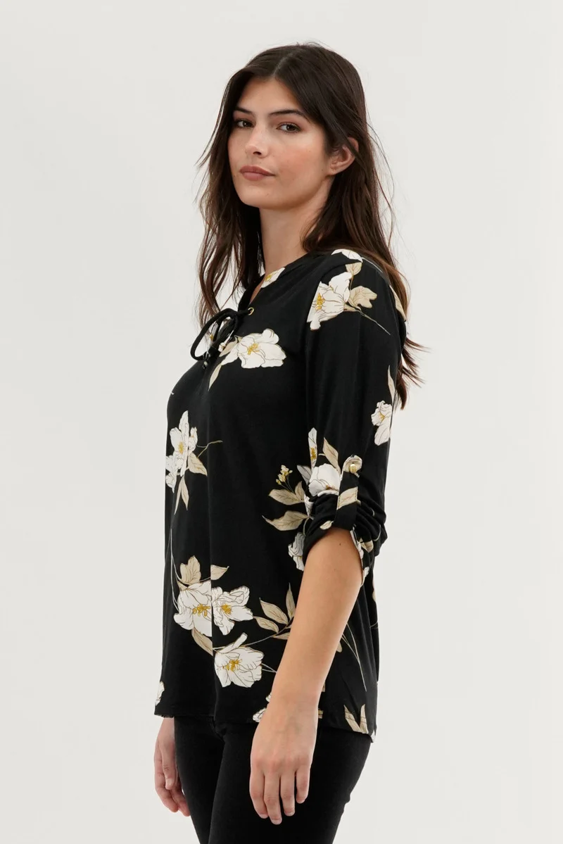 Floral Lace Up Blouse - Black - Image 2