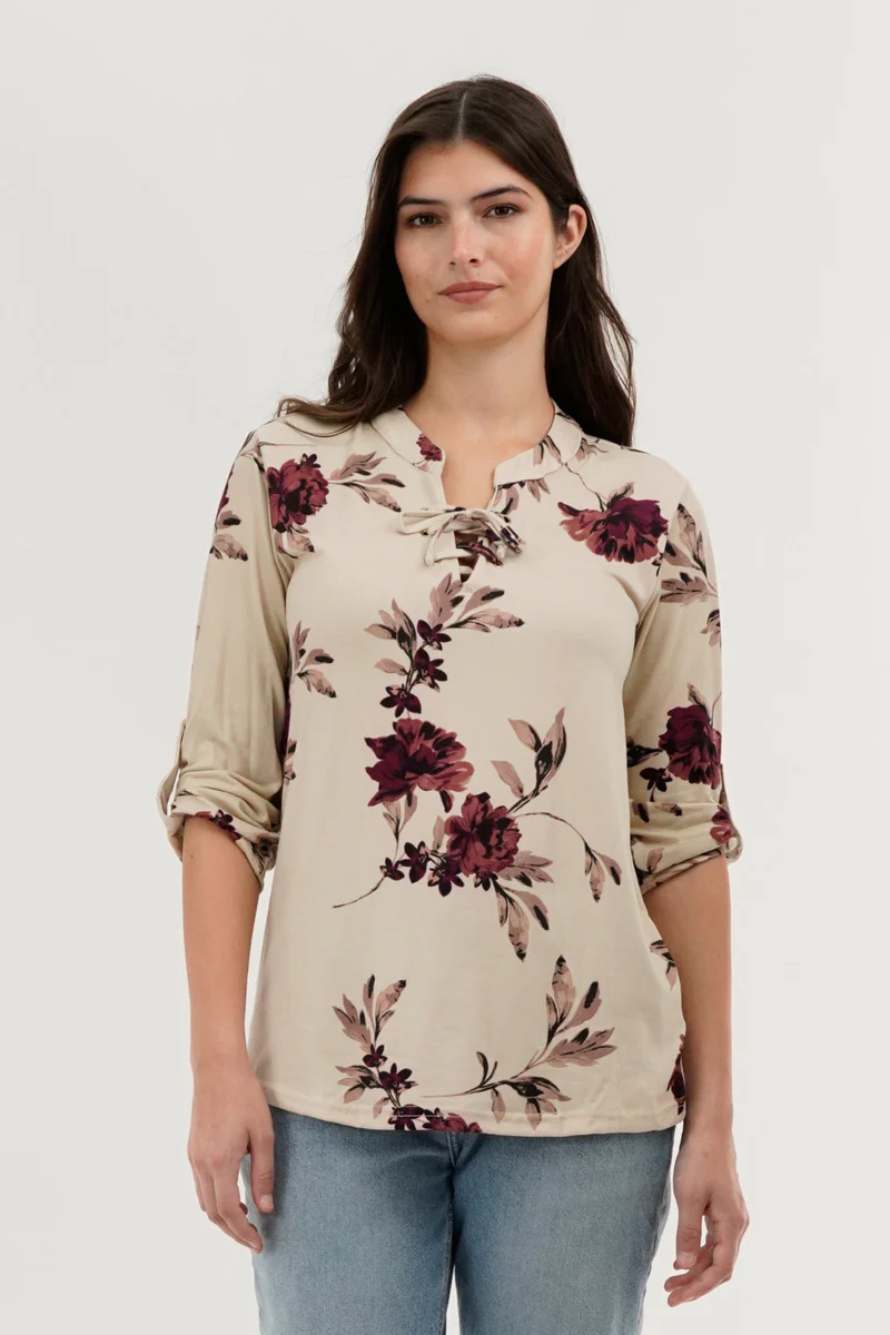 Floral Lace Up Blouse - Beige
