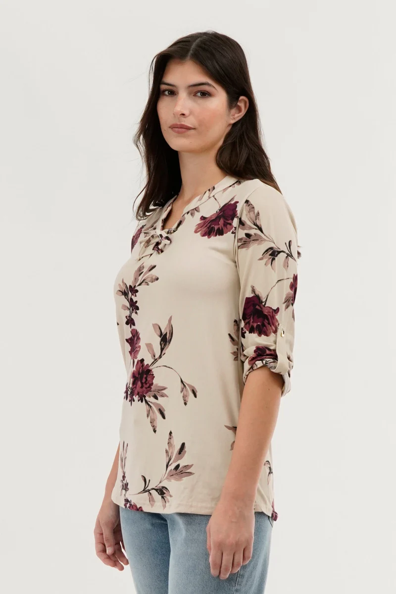 Floral Lace Up Blouse - Beige - Image 2