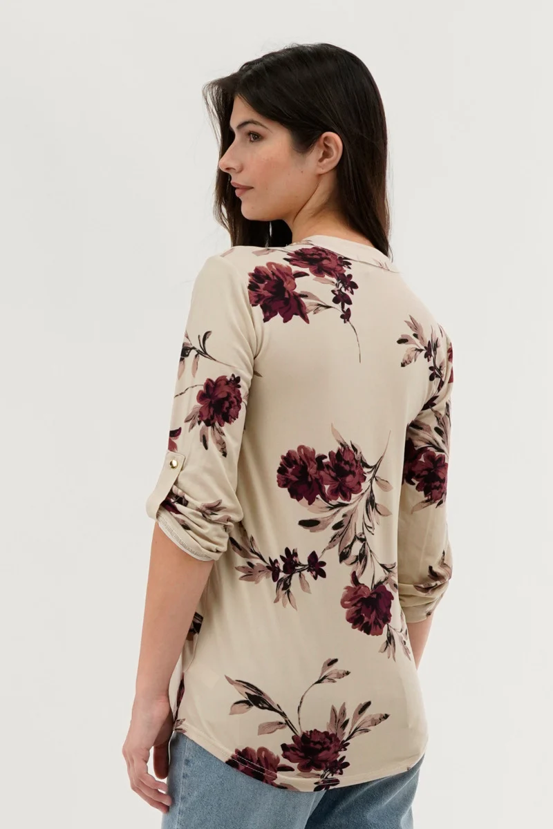 Floral Lace Up Blouse - Beige - Image 3