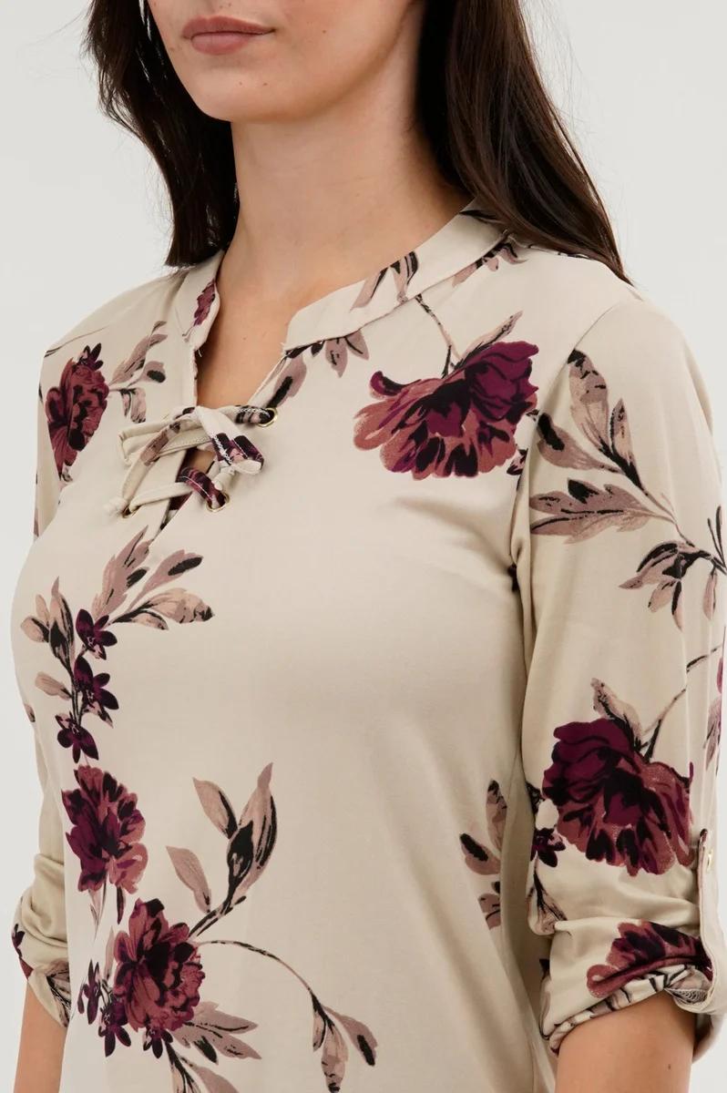Floral Lace Up Blouse - Beige - Image 4