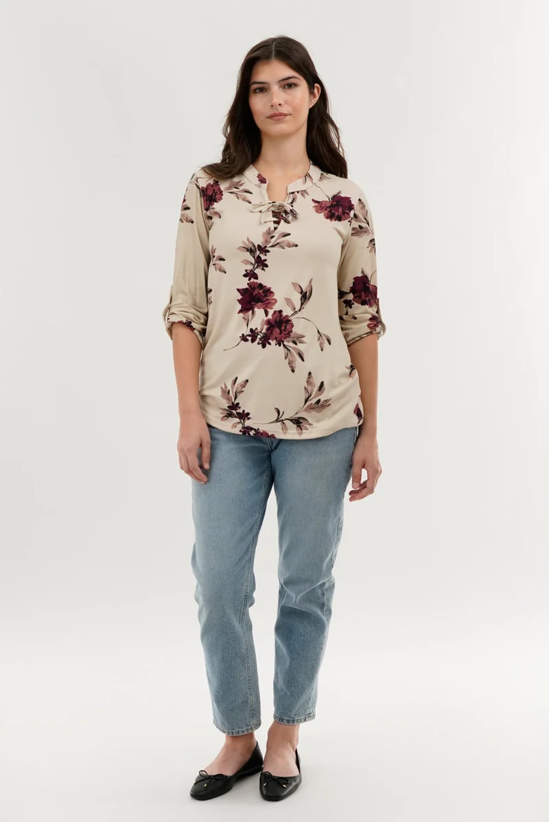 Floral Lace Up Blouse - Beige - Image 5
