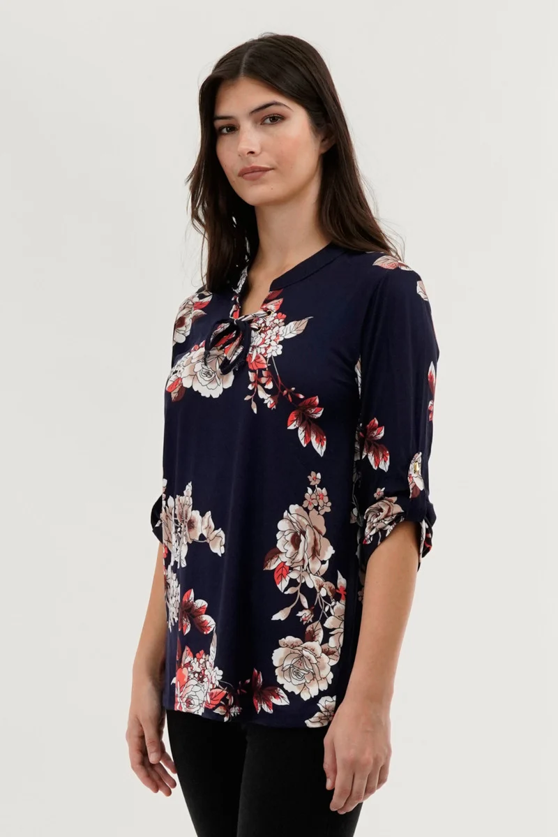 Floral Lace Up Blouse - Navy - Image 2