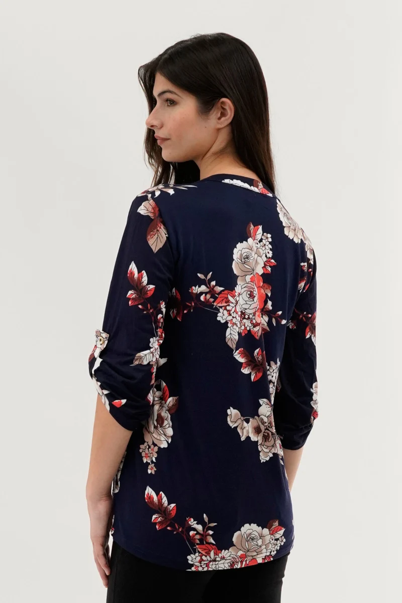 Floral Lace Up Blouse - Navy - Image 3