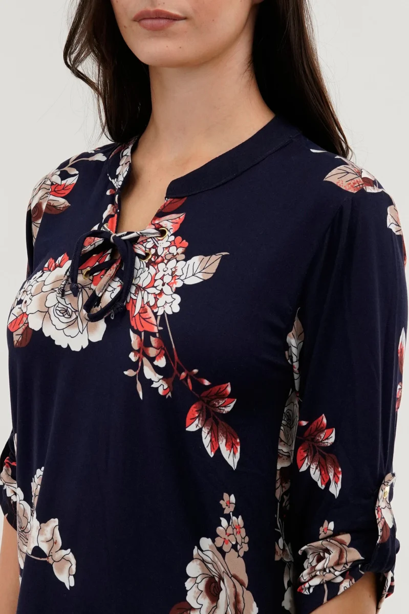 Floral Lace Up Blouse - Navy - Image 4
