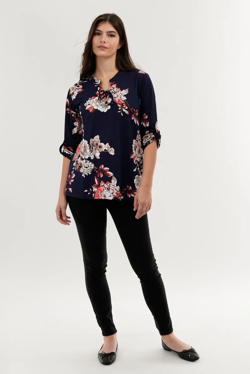 Floral Lace Up Blouse - Navy - Image 5