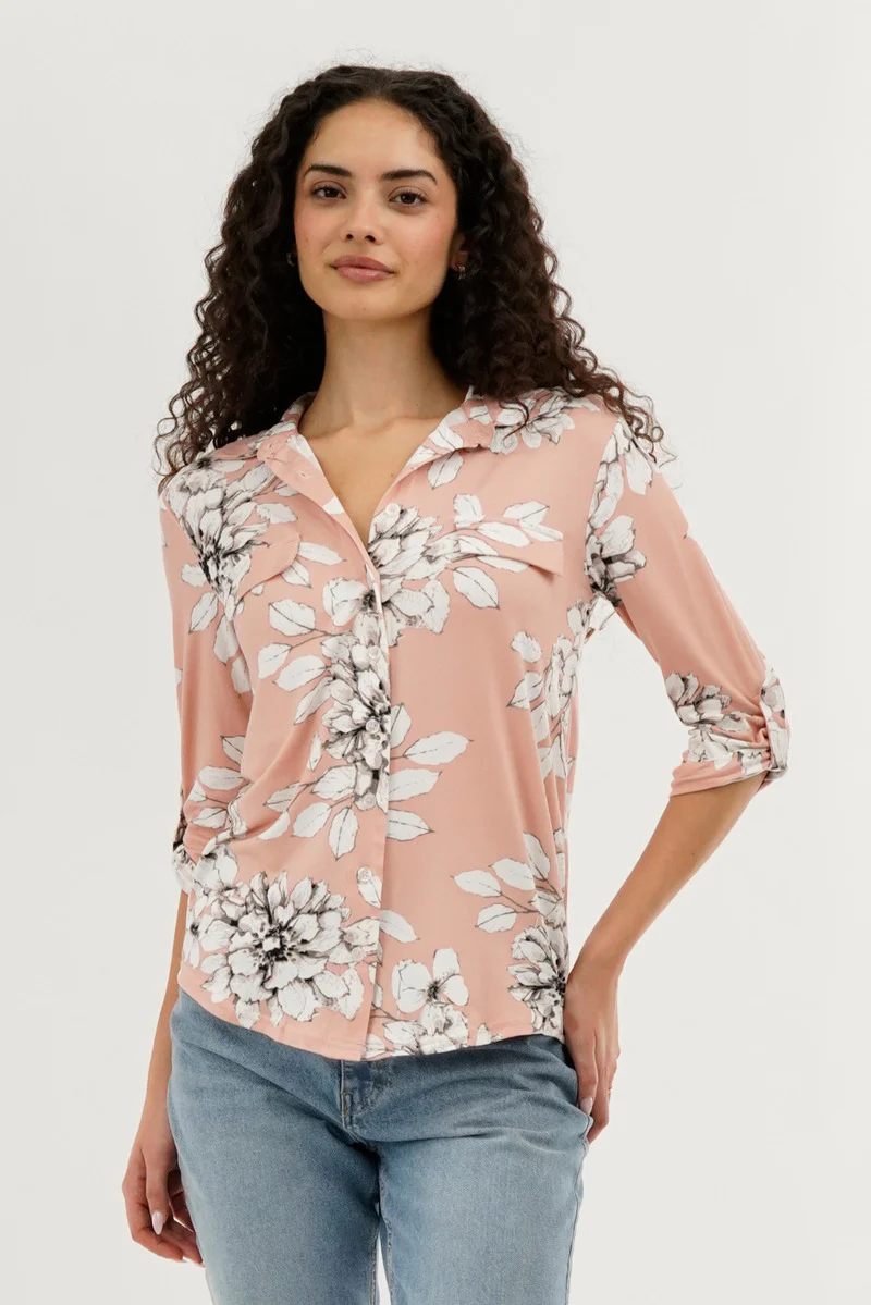 Floral Button Up Blouse - Peach