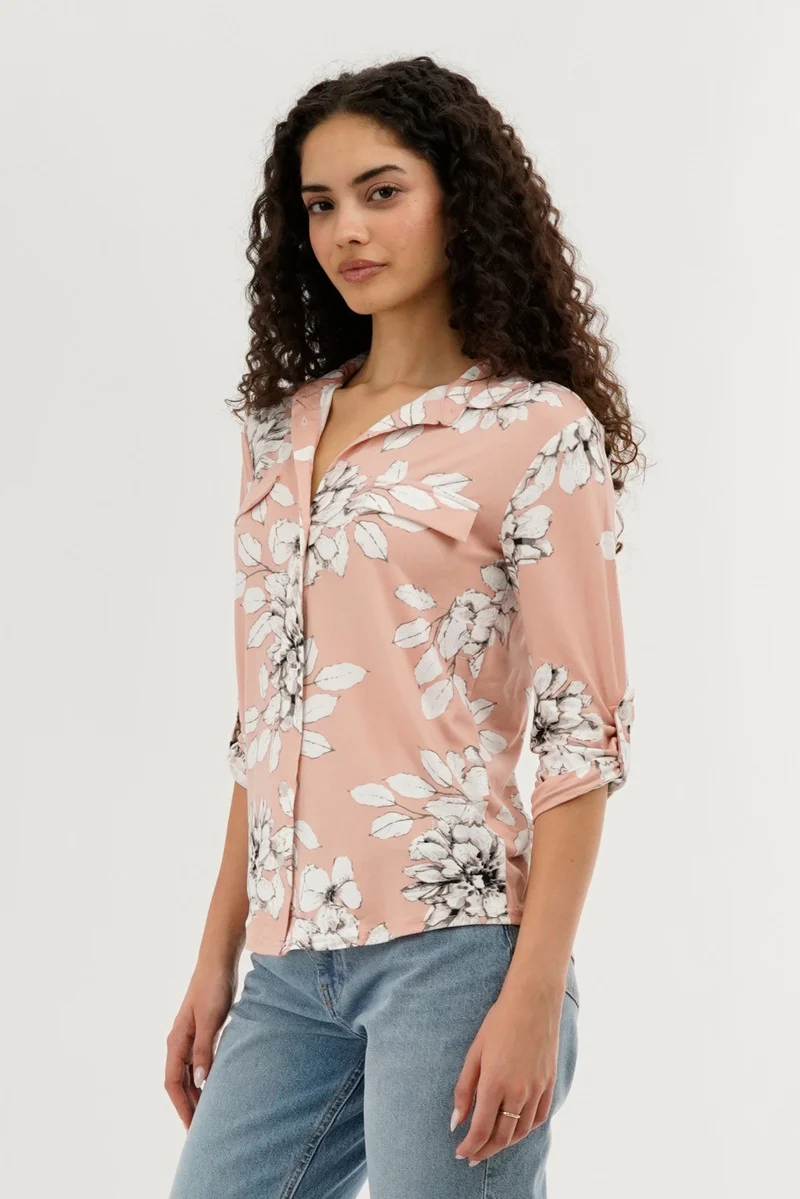 Floral Button Up Blouse - Peach - Image 2