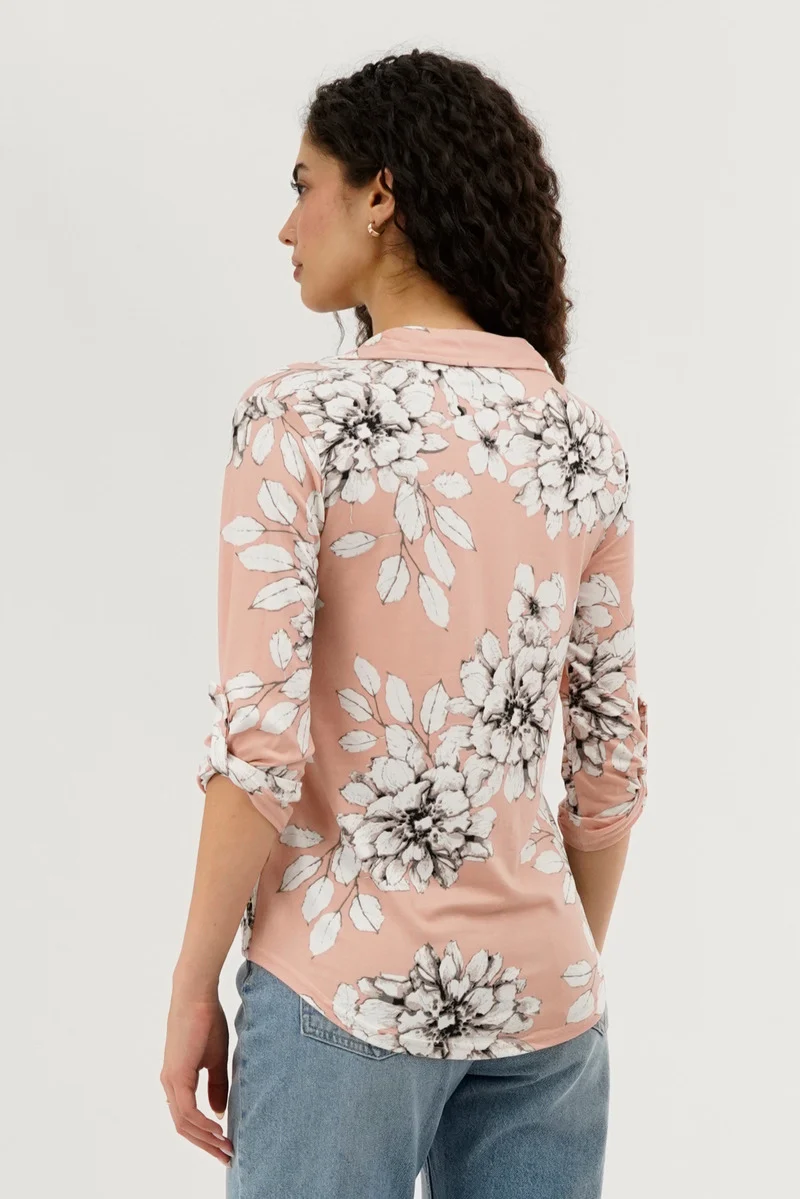 Floral Button Up Blouse - Peach - Image 3