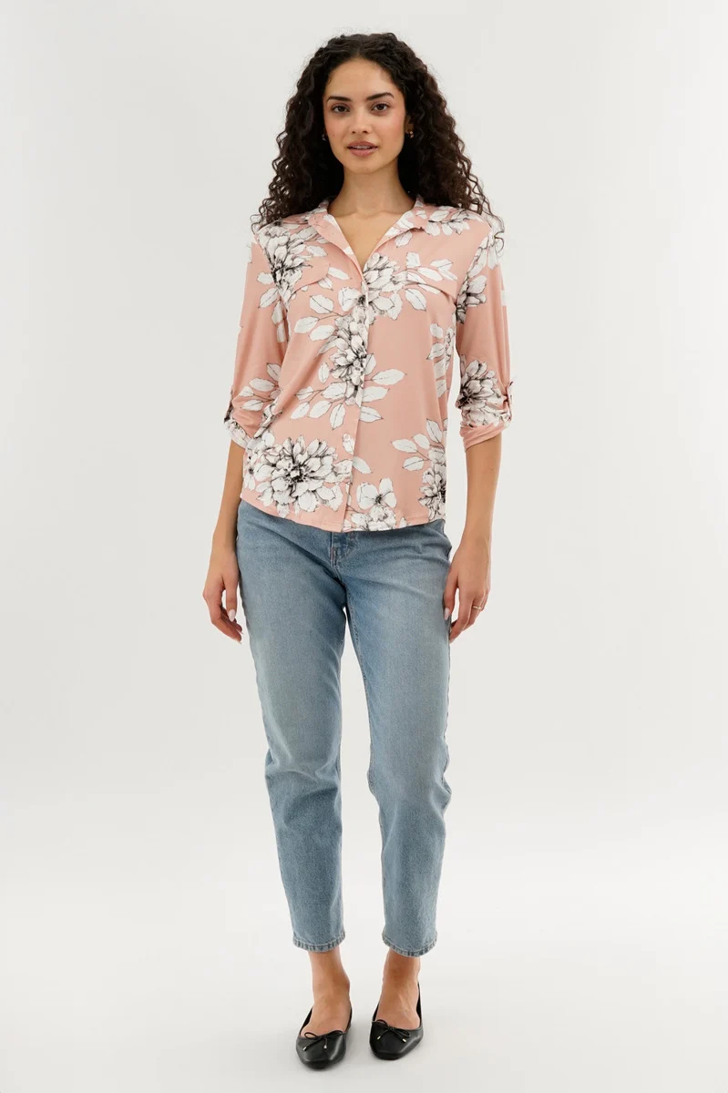 Floral Button Up Blouse - Peach - Image 5