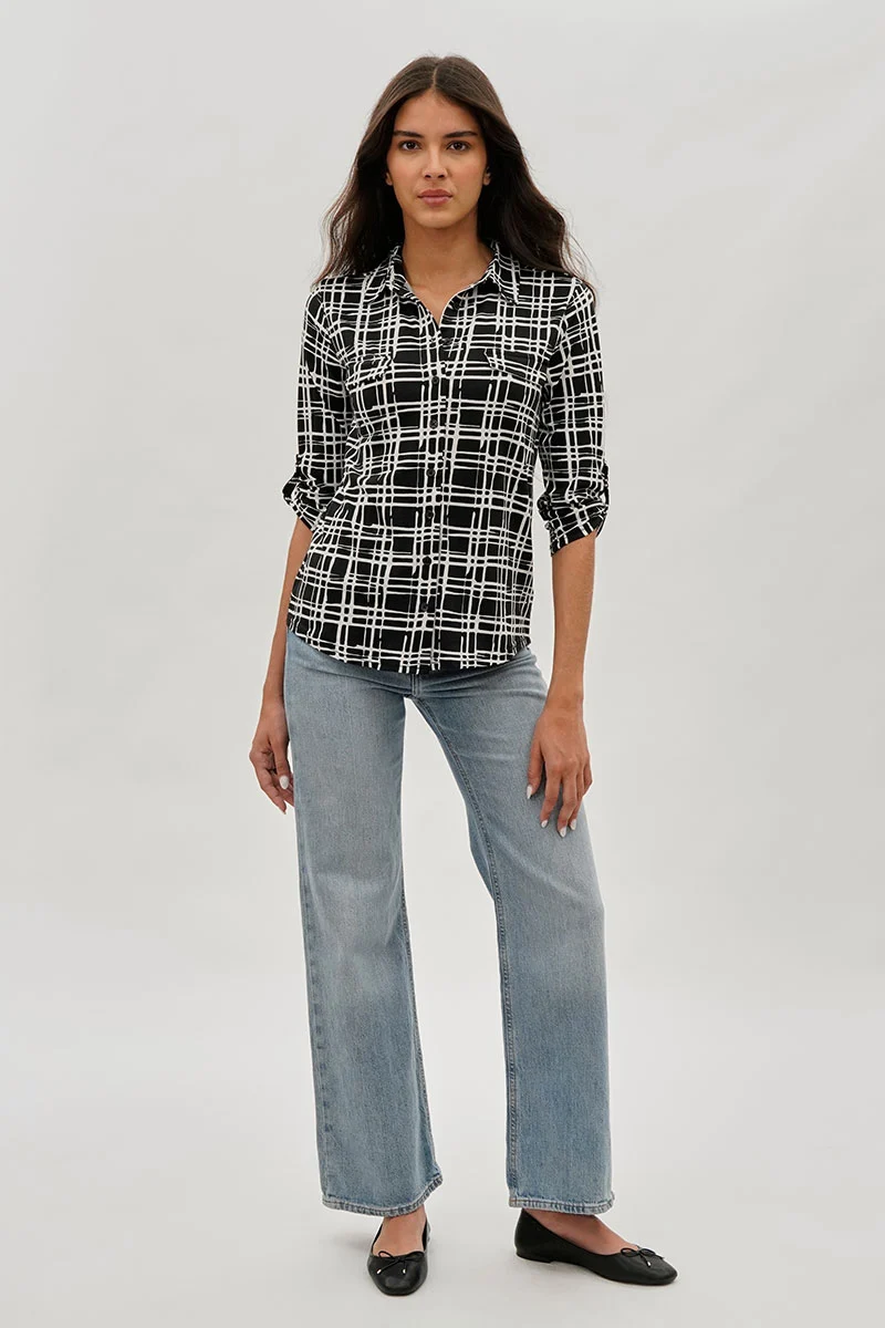Patterned Collared Blouse - Black - Image 5