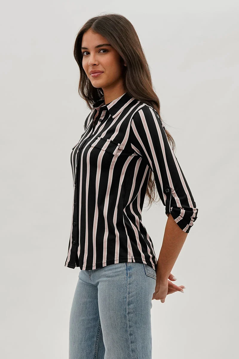 Striped Collared Blouse - Black - Image 2