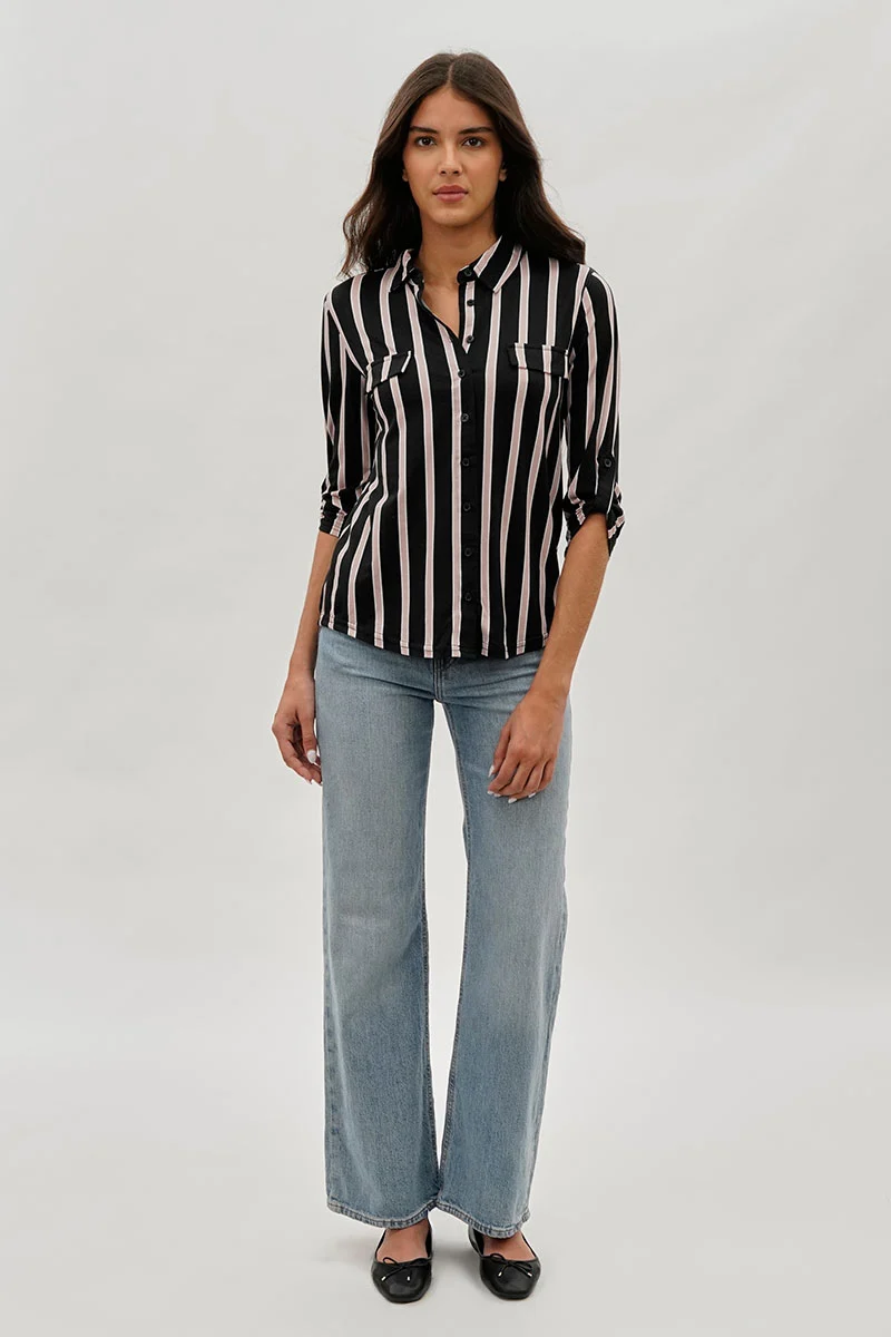 Striped Collared Blouse - Black - Image 5