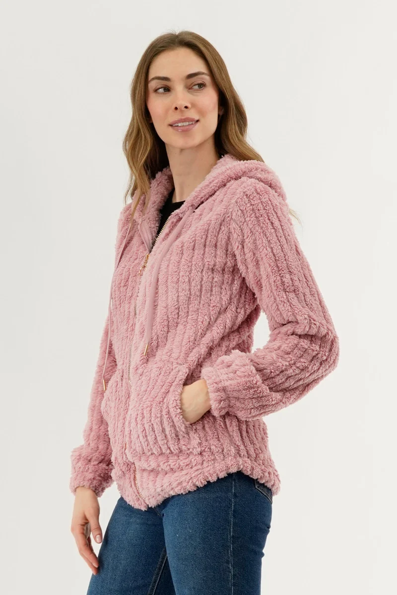 Plush Hooded Zip Up Lightweight Jacket - Pink - Image 2