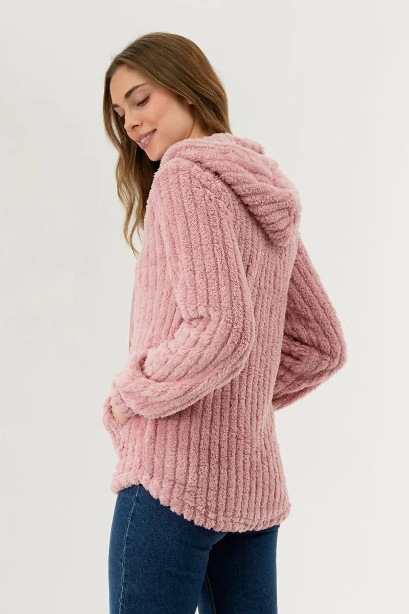 Plush Hooded Zip Up Lightweight Jacket - Pink - Image 3