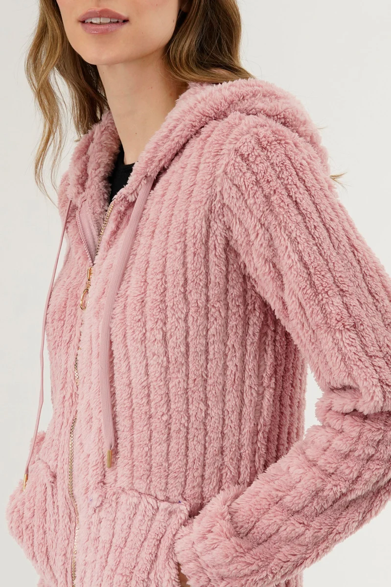 Plush Hooded Zip Up Lightweight Jacket - Pink - Image 4