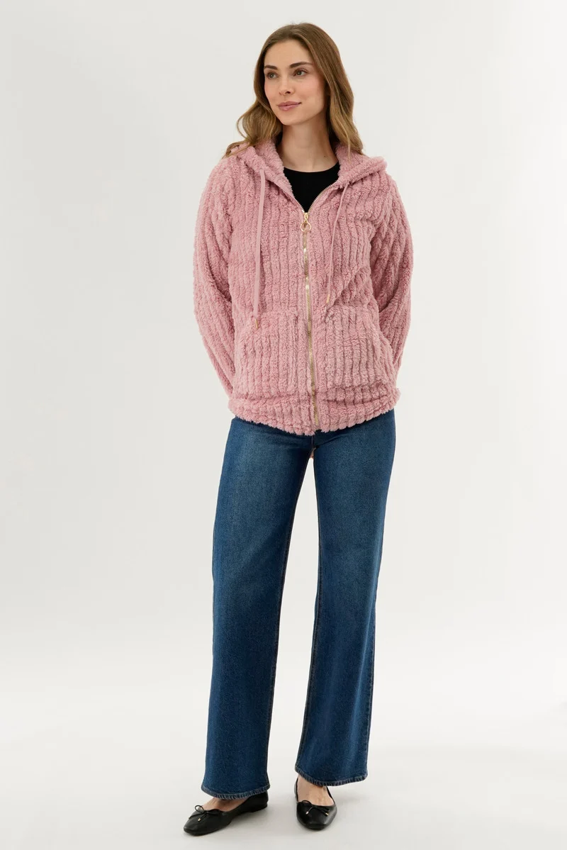 Plush Hooded Zip Up Lightweight Jacket - Pink - Image 5