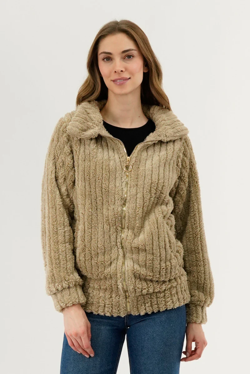 Plush Zip Up Teddy Lightweight Jacket - Beige