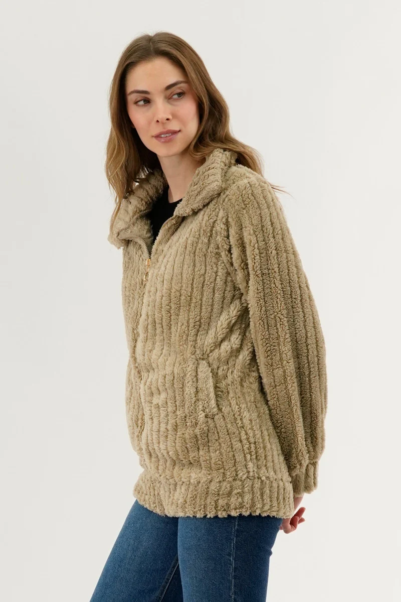 Plush Zip Up Teddy Lightweight Jacket - Beige - Image 2
