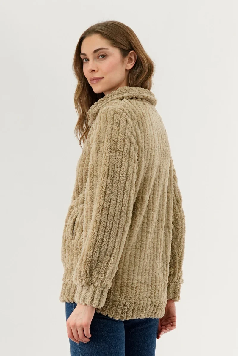 Plush Zip Up Teddy Lightweight Jacket - Beige - Image 3