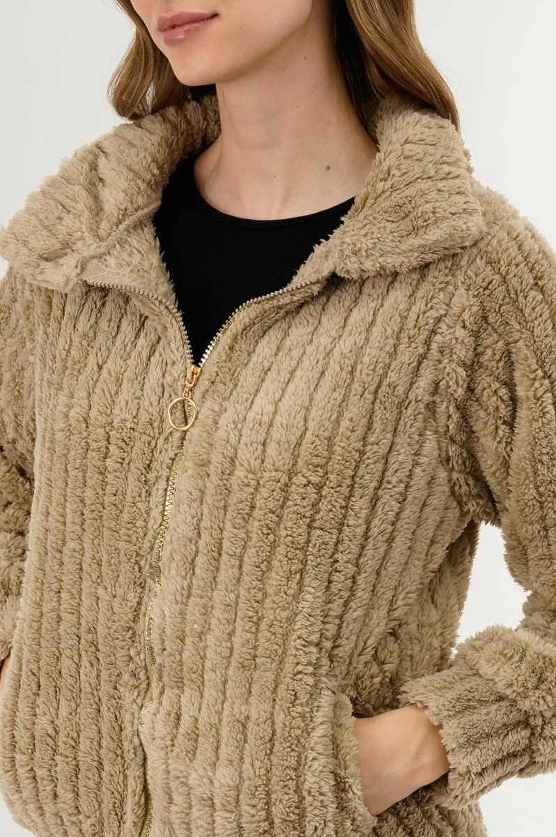 Plush Zip Up Teddy Lightweight Jacket - Beige - Image 4