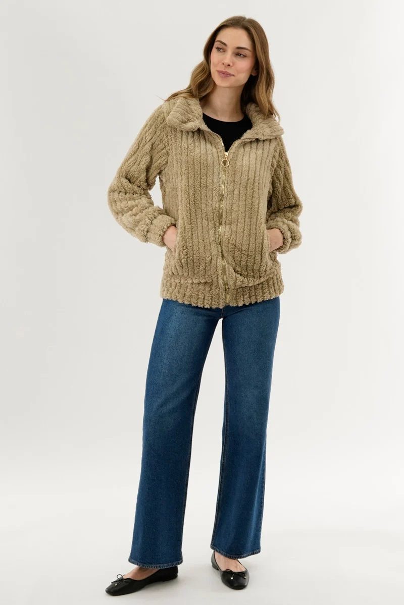 Plush Zip Up Teddy Lightweight Jacket - Beige - Image 5
