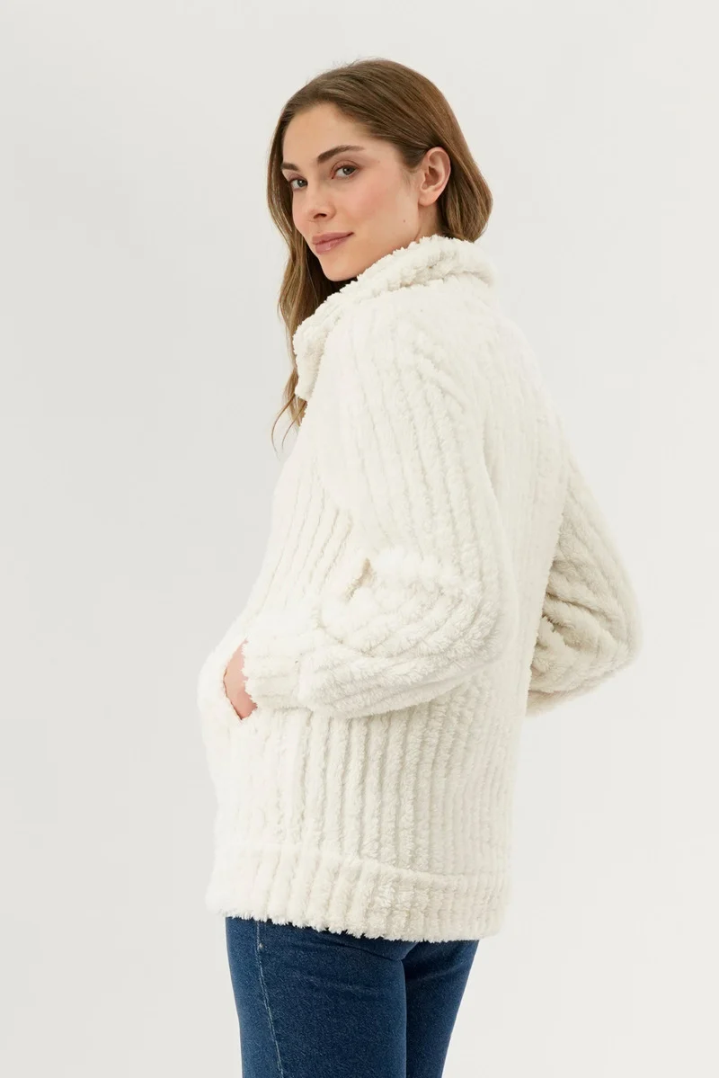 Plush Zip Up Teddy Lightweight Jacket - White - Image 3