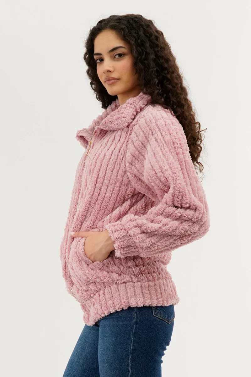 Plush Zip Up Teddy Lightweight Jacket - Pink - Image 2