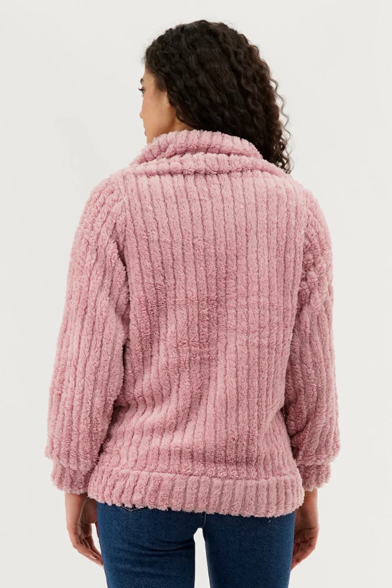Plush Zip Up Teddy Lightweight Jacket - Pink - Image 3