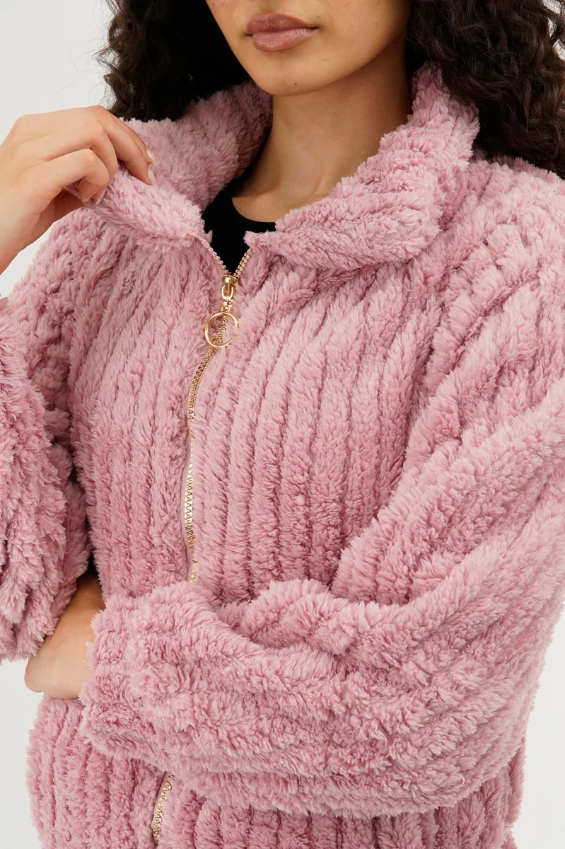 Plush Zip Up Teddy Lightweight Jacket - Pink - Image 4