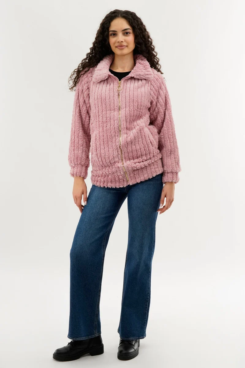 Plush Zip Up Teddy Lightweight Jacket - Pink - Image 5
