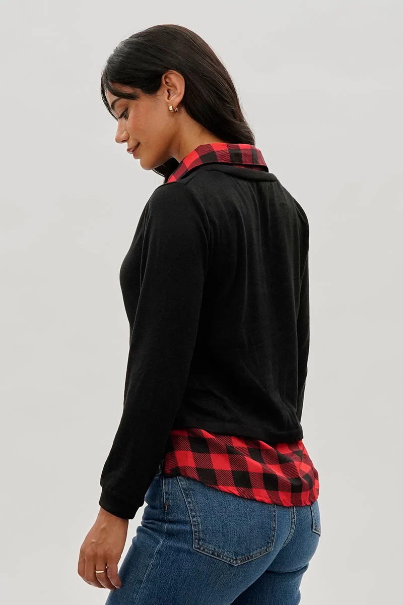 Plaid Collared Pullover Sweater - Black - Image 3