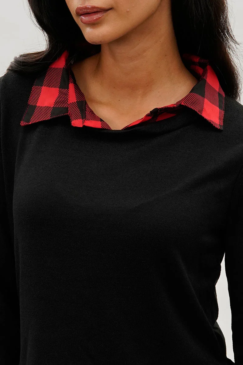 Plaid Collared Pullover Sweater - Black - Image 4