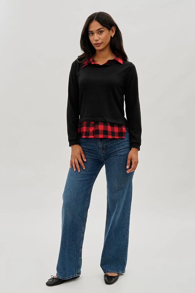 Plaid Collared Pullover Sweater - Black - Image 5